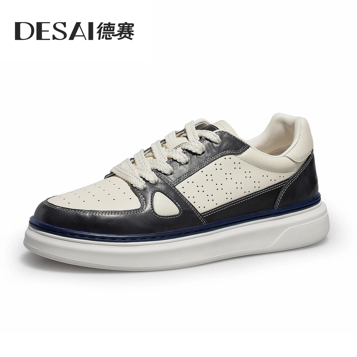 DESAI Men's perforated breathable plimsoll shoes with thick soles and height increase; light and versatile white shoes.