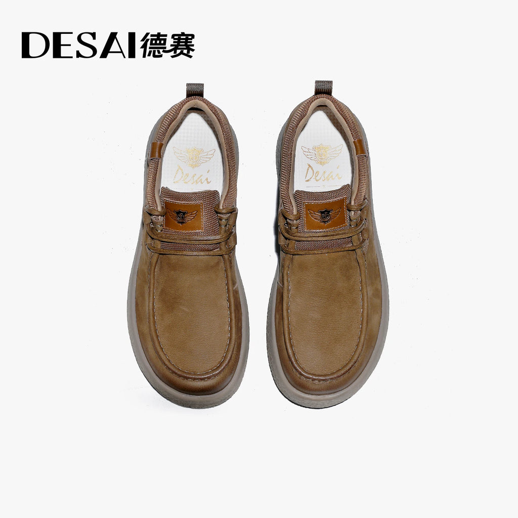 DESAI Retro workwear shoes low-top brown leather shoes thick-soled height-increasing casual men's shoes