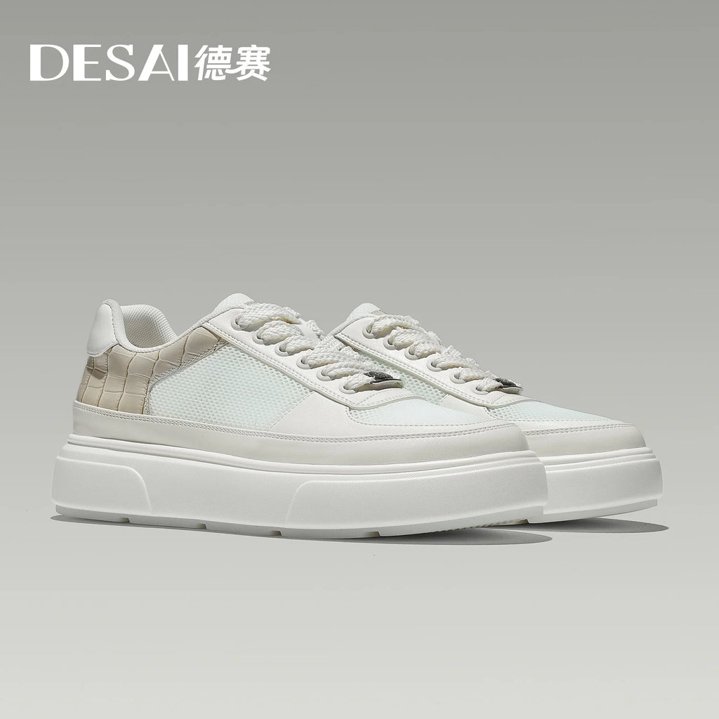DESAI Thick-soled sports shoes for men with breathable mesh upper; summer white shoes for casual wear to add height