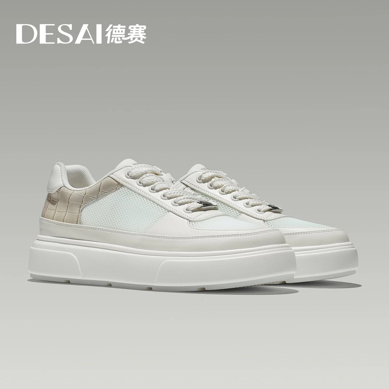 DESAI Thick-soled sports shoes for men with breathable mesh upper; summer white shoes for casual wear to add height