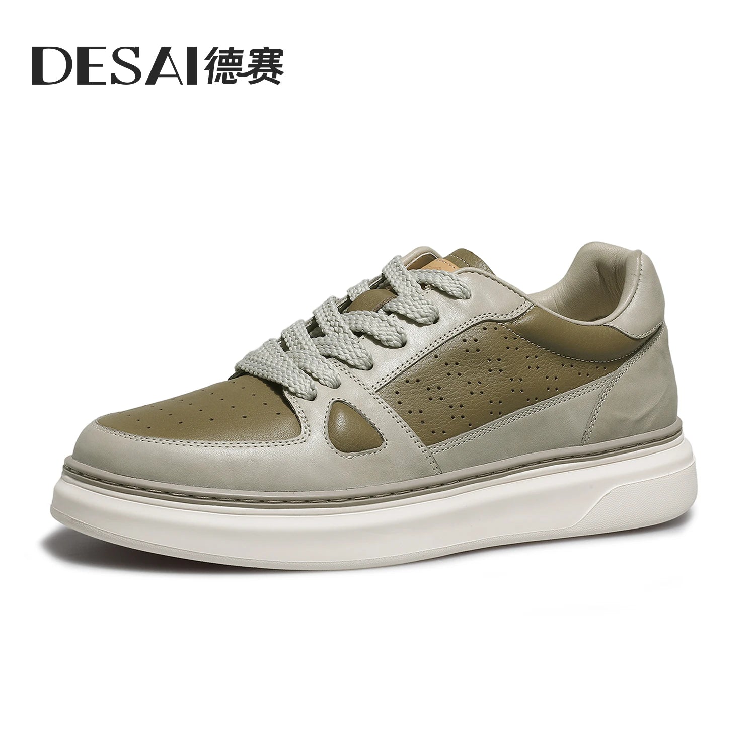 DESAI Men's perforated breathable plimsoll shoes with thick soles and height increase; light and versatile white shoes.