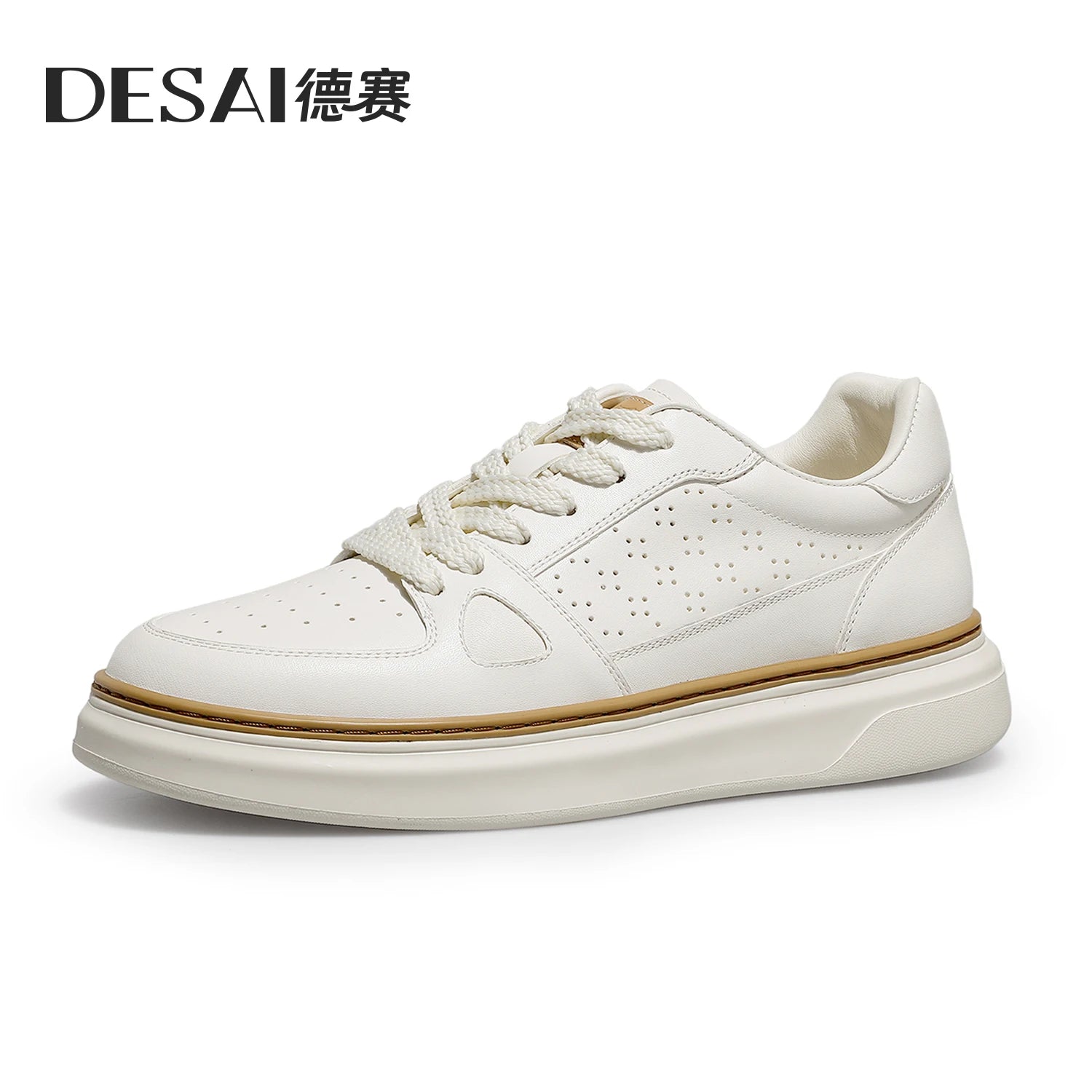 DESAI Men's perforated breathable plimsoll shoes with thick soles and height increase; light and versatile white shoes.
