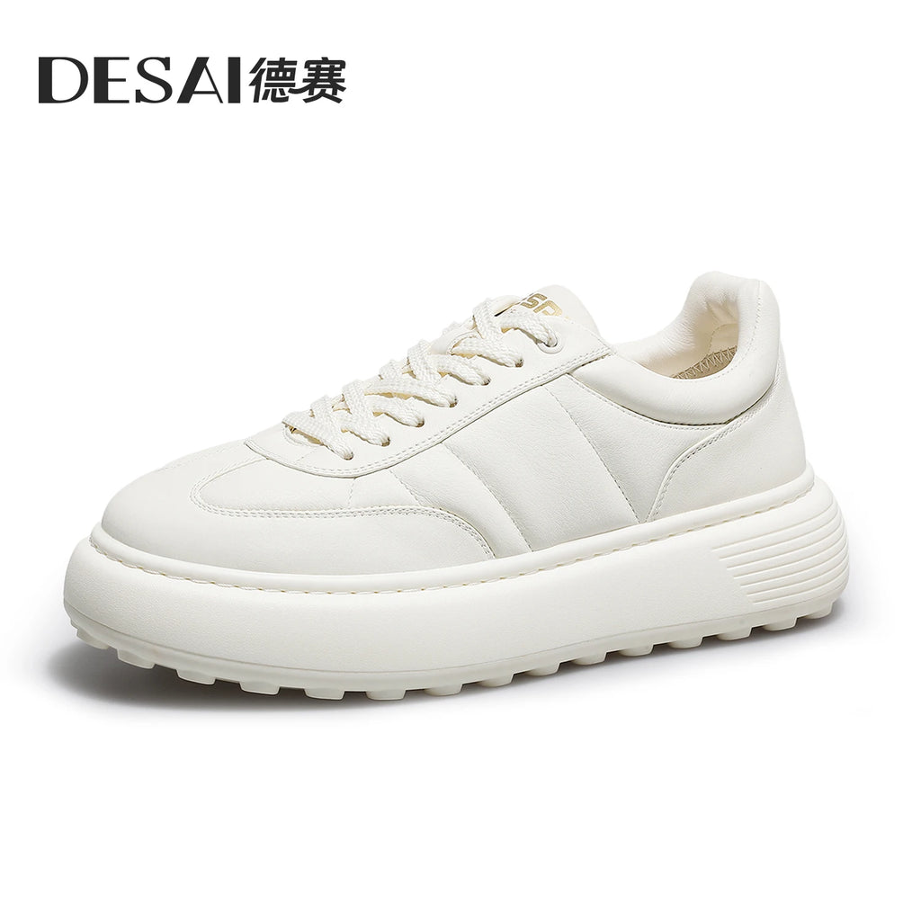 DESAI White leather shoes for men; casual, simple, versatile, with a thick sole for height increase.