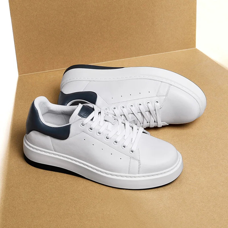 DESAI Thick soled height increasing casual board shoes for men made of genuine leather, lightweight and breathable white shoes