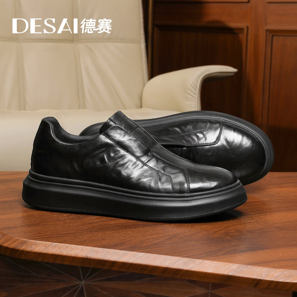 Desai [Lazy man's slip-on lace-free] winter men's shoes leather casual board shoes warm sports walking shoes men