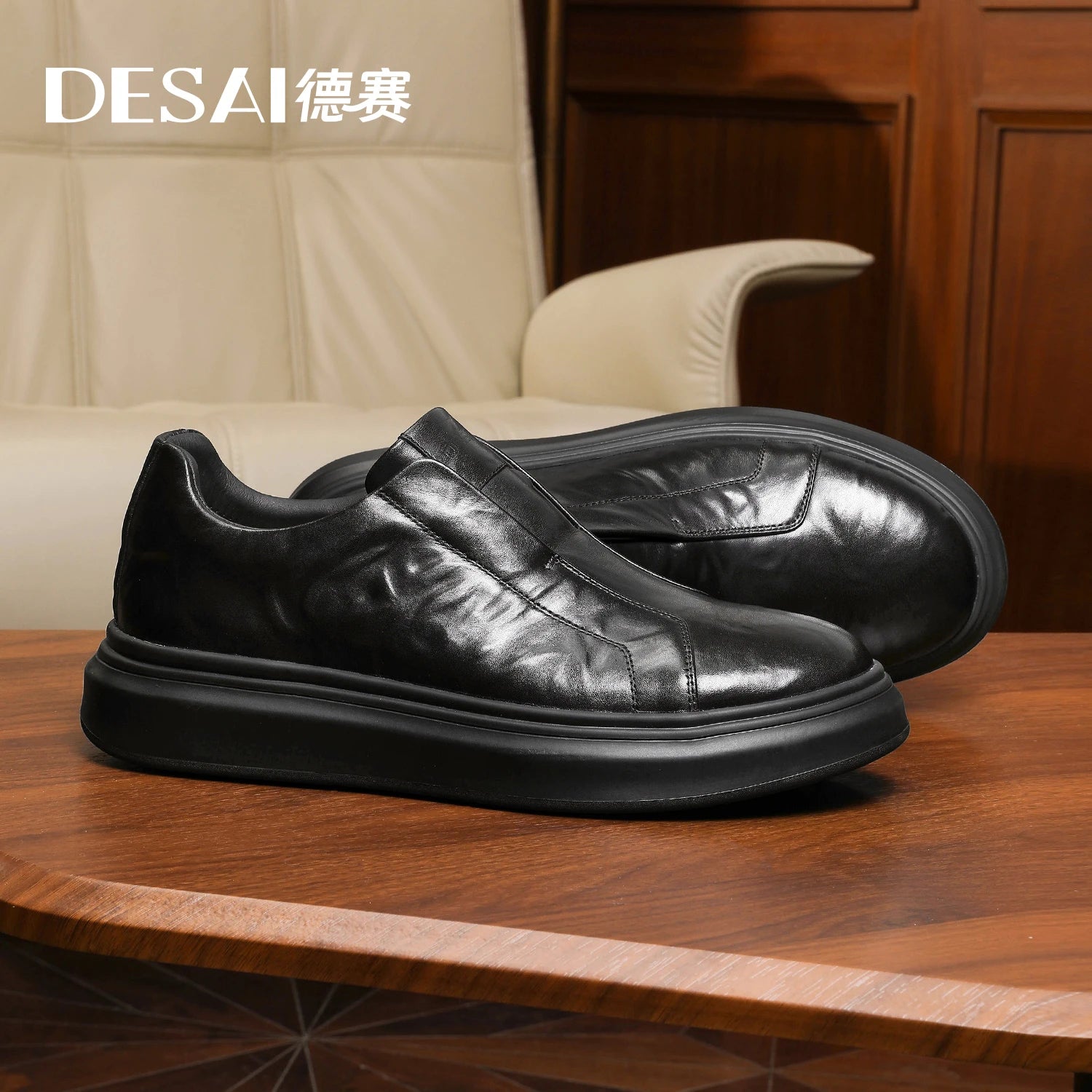 Desai [Lazy man's slip-on lace-free] winter men's shoes leather casual board shoes warm sports walking shoes men