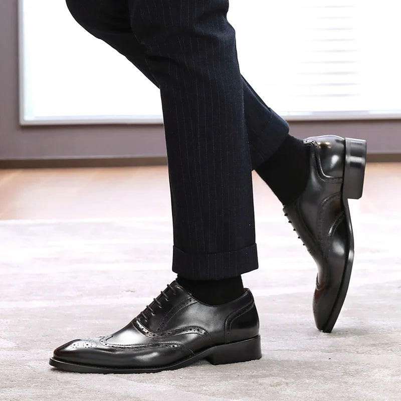 Desai Block Men's Shoes With Elevated Height Inside Business Dress Leather Shoes Men's Pointed Carved British Groom Shoe